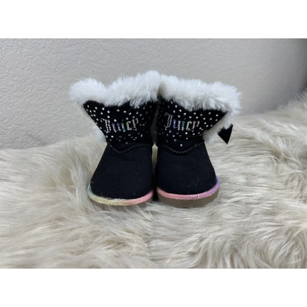 Juicy Couture Toddler Boots Girls Size 5 Black Faux Fur Rainbow Logo Winter Cozy